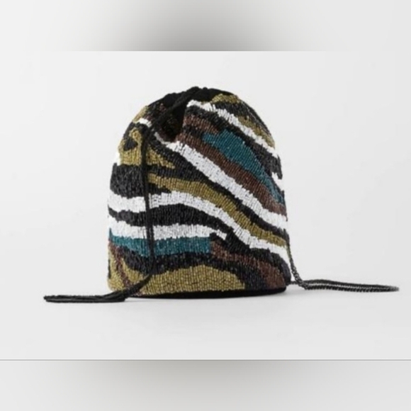Zara Beaded Safari Velvet Bucket Bag Crossbody Multicoloured Tassels Beaded - Picture 6 of 12